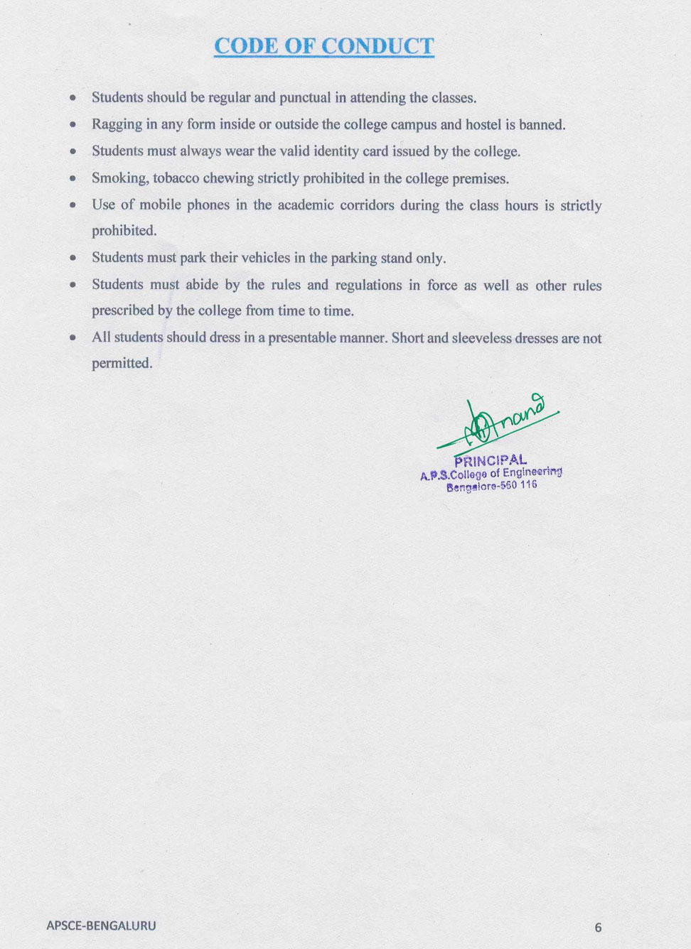 APSCE  Bangaore Student-code-of-conduct